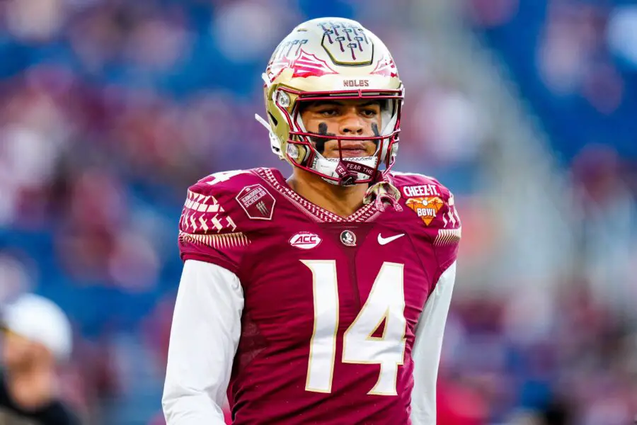 Dec 29, 2022; Orlando, Florida, USA; Florida State Seminoles wide receiver Johnny Wilson (14) warms up prior to a game against the Oklahoma Sooners in the 2022 Cheez-It Bowl at Camping World Stadium. Mandatory Credit: Rich Storry-USA TODAY Sports (Green Bay Packers)