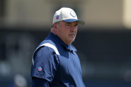 Jul 29, 2023; Oxnard, CA, USA; Dallas Cowboys coach Mike McCarthy during training camp at the River Ridge Fields. Mandatory Credit: Kirby Lee-USA TODAY Sports