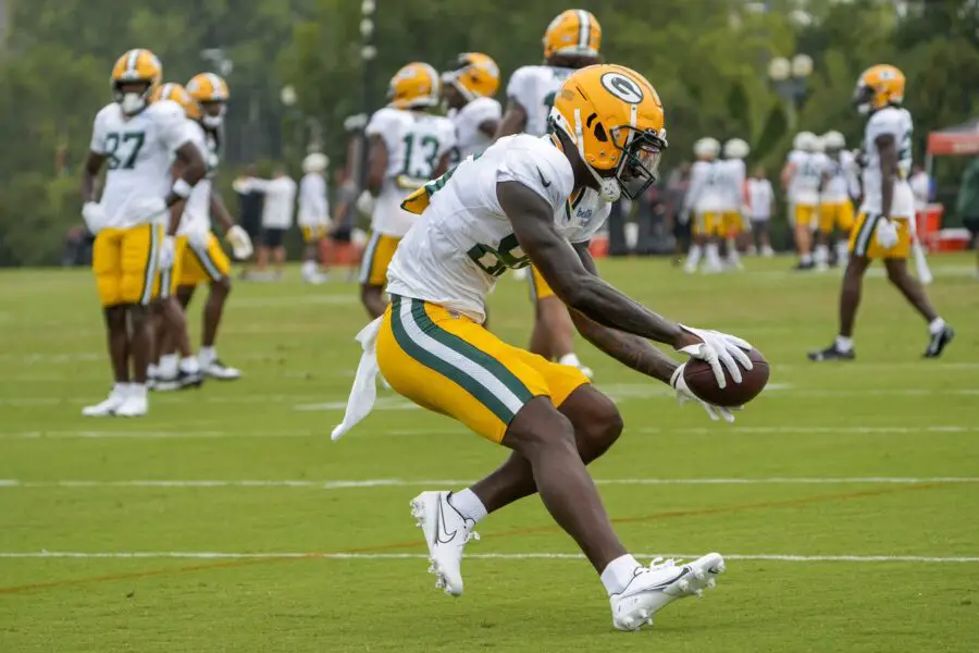 Aug 9, 2023; Cincinnati, OH, USA; Green Bay Packers wide receiver Grant DuBose (86) during a joint practice between the Green Bay Packers and the Cincinnati Bengals, Wednesday, Aug. 9, 2023, at the practice fields next to Paycor Stadium in Cincinnati. Mandatory Credit: Carter Skaggs-USA TODAY Sports