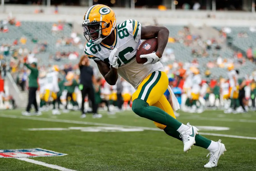 Aug 11, 2023; Cincinnati, Ohio, USA; Green Bay Packers wide receiver Grant DuBose (86) runs with the ball during warmups prior to the game against the Cincinnati Bengals at Paycor Stadium. Mandatory Credit: Katie Stratman-USA TODAY Sports
