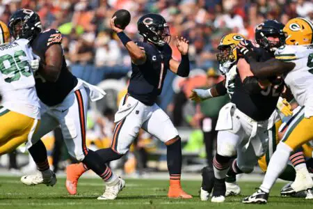 Sep 10, 2023; Chicago, Illinois, USA; Chicago Bears quarterback Justin Fields (1) passes against the Green Bay Packers at Soldier Field. Mandatory Credit: Jamie Sabau-USA TODAY Sports