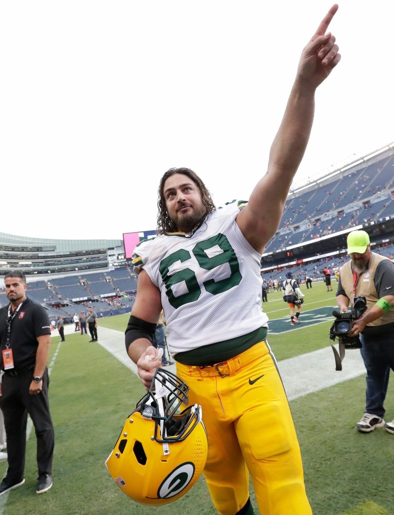 Green Bay Packers offensive tackle David Bakhtiari (69) celebrates a victory against the Chicago Bears during their football game Sunday, September 10, 2023, at Soldier Field in Chicago, Ill. Green Bay won 38-20.