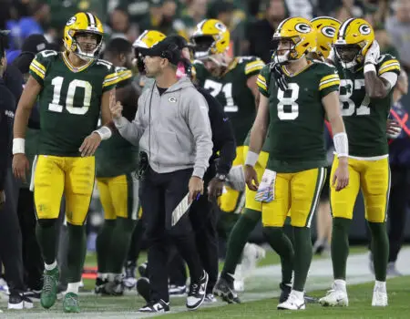 Sep 28, 2023; Green Bay, Wisconsin, USA; Green Bay Packers head coach Matt LaFleur talks with quarterback Jordan Love (10) after a failed two point conversion attempt againt the Detroit Lions during their football game Thursday, September 28, 2023, at Lambeau Field. Mandatory Credit: Dan Powers-USA TODAY Sports