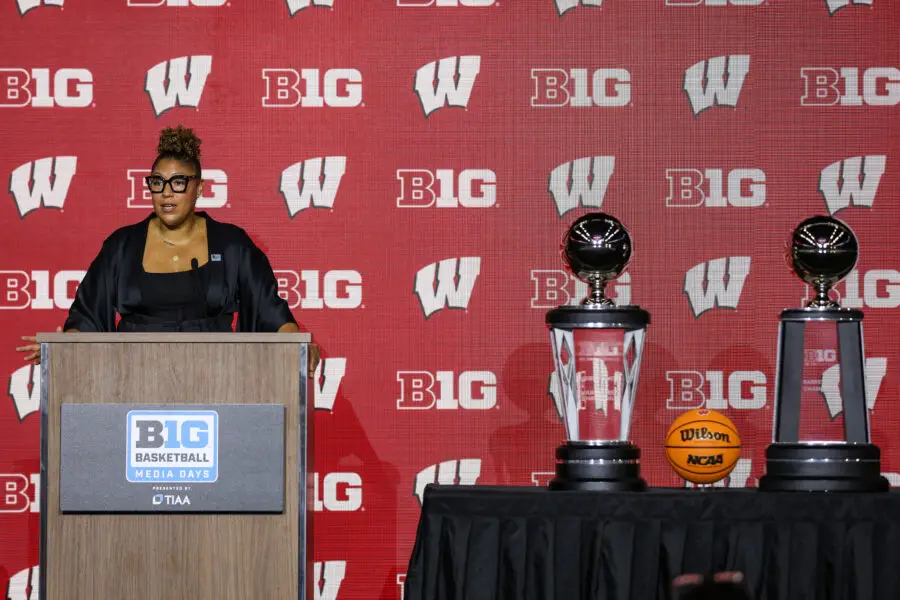 Wisconsin women's basketball coach Marisa Moseley addresses the media at Big Ten media days