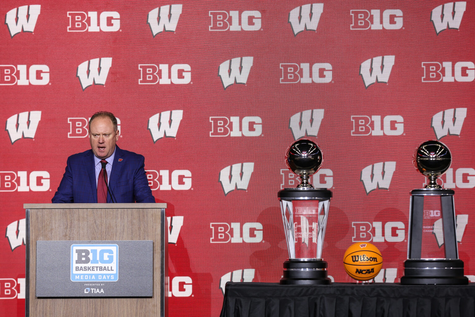 Wisconsin basketball head coach Greg Gard speaks at Big Ten Media Days. A few months later, the Big Ten conference would announce new formats to its men's and women's basketball championships after adding new teams to the conference