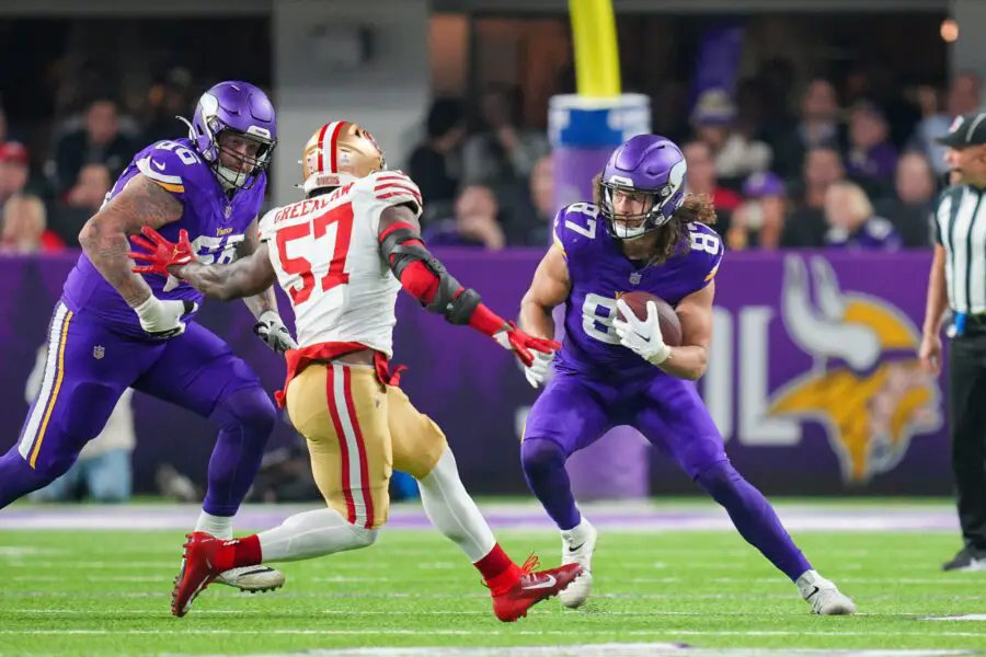 Oct 23, 2023; Minneapolis, Minnesota, USA; Minnesota Vikings tight end T.J. Hockenson (87) runs after the catch against the San Francisco 49ers linebacker Dre Greenlaw (57) in the second quarter at U.S. Bank Stadium. Mandatory Credit: Brad Rempel-USA TODAY Sports (Green Bay Packers)