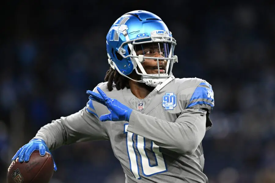 Oct 30, 2023; Detroit, Michigan, USA; Detroit Lions quarterback Teddy Bridgewater (10) throws a pass during warmups before the game against the Las Vegas Raiders at Ford Field. Mandatory Credit: Lon Horwedel-USA TODAY Sports