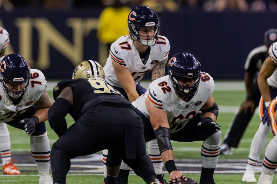 Nov 5, 2023; New Orleans, Louisiana, USA; Chicago Bears quarterback Tyson Bagent (17) calls for the ball from guard Lucas Patrick (62) against the New Orleans Saints during the first half at the Caesars Superdome. Mandatory Credit: Stephen Lew-USA TODAY Sports