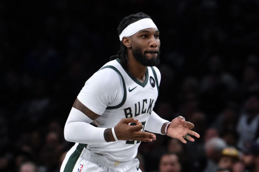 Nov 6, 2023; Brooklyn, New York, USA; Milwaukee Bucks forward Jae Crowder (99) reacts after a three point basket against the Brooklyn Nets during the second quarter at Barclays Center. Mandatory Credit: John Jones-USA TODAY Sports