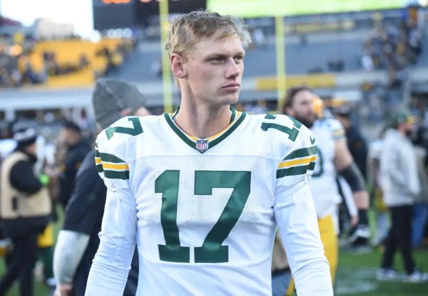 Nov 12, 2023; Pittsburgh, Pennsylvania, USA; Green Bay Packers kicker Anders Carlson (17) following a game against the Pittsburgh Steelers at Acrisure Stadium. Mandatory Credit: Philip G. Pavely-USA TODAY Sports