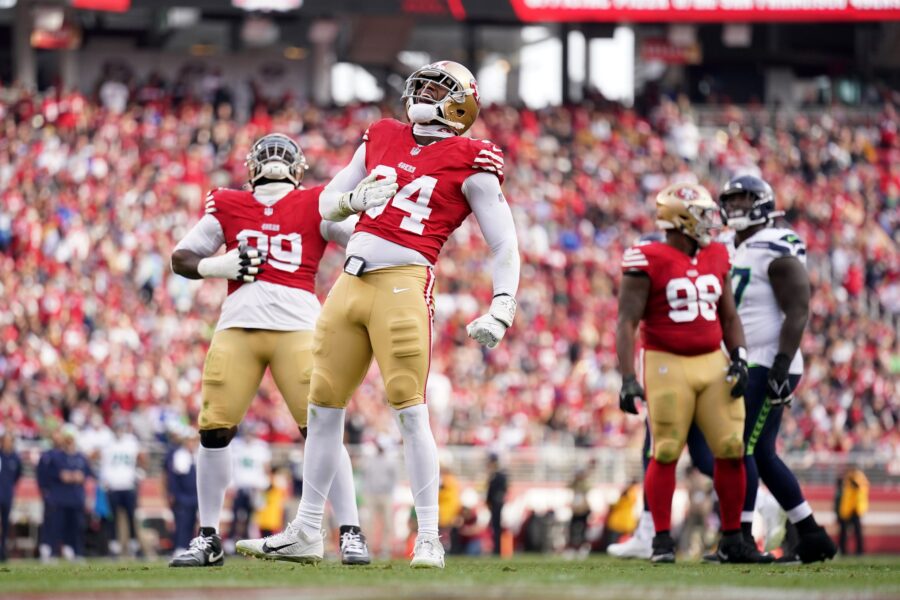 Dec 10, 2023; Santa Clara, California, USA; San Francisco 49ers defensive end Clelin Ferrell (94) reacts after making a tackle against the Seattle Seahawks in the third quarter at Levi's Stadium. Mandatory Credit: Cary Edmondson-USA TODAY Sports (Green Bay Packers)