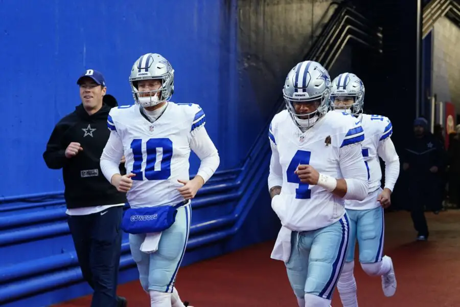 Dec 17, 2023; Orchard Park, New York, USA; Dallas Cowboys quarterback Cooper Rush (10) and quarterback Dak Prescott (4) take the field before the game against the Buffalo Bills at Highmark Stadium. Mandatory Credit: Gregory Fisher-USA TODAY Sports (Green Bay Packers)