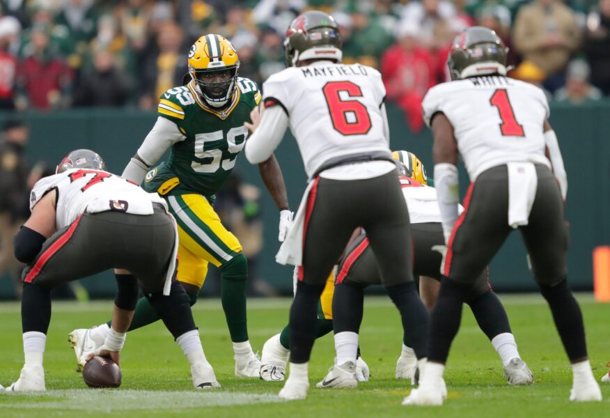Green Bay Packers linebacker De'Vondre Campbell (59) lines up against the Tampa Bay Buccaneers during their football game Sunday, December 17, 2023, at Lambeau Field in Green Bay, Wis. © Dan Powers/USA TODAY NETWORK-Wisconsin / USA TODAY NETWORK
