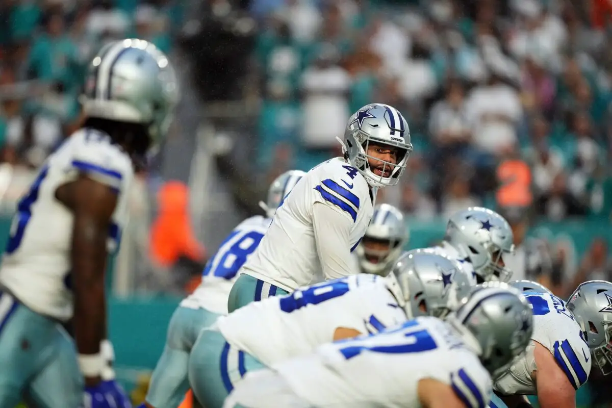 Dec 24, 2023; Miami Gardens, Florida, USA; Dallas Cowboys quarterback Dak Prescott (4) looks over the offensive line during the first half against the Miami Dolphins at Hard Rock Stadium. Mandatory Credit: Jasen Vinlove-USA TODAY Sports (Green Bay Packers)