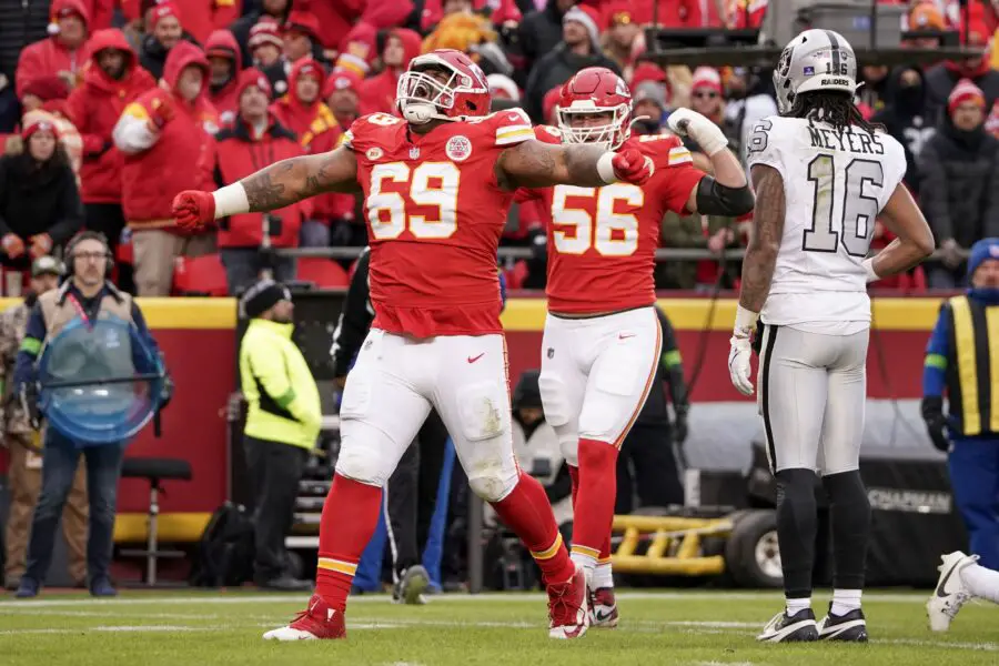 Dec 25, 2023; Kansas City, Missouri, USA; Kansas City Chiefs defensive tackle Mike Pennel Jr. (69) celebrates after a play against the Las Vegas Raiders during the game at GEHA Field at Arrowhead Stadium. Mandatory Credit: Denny Medley-USA TODAY Sports