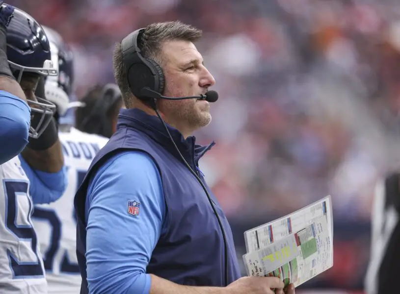 Dec 31, 2023; Houston, Texas, USA; Tennessee Titans head coach Mike Vrabel looks on during the first quarter against the Houston Texans at NRG Stadium. Mandatory Credit: Troy Taormina-USA TODAY Sports (Wisconsin Badgers)