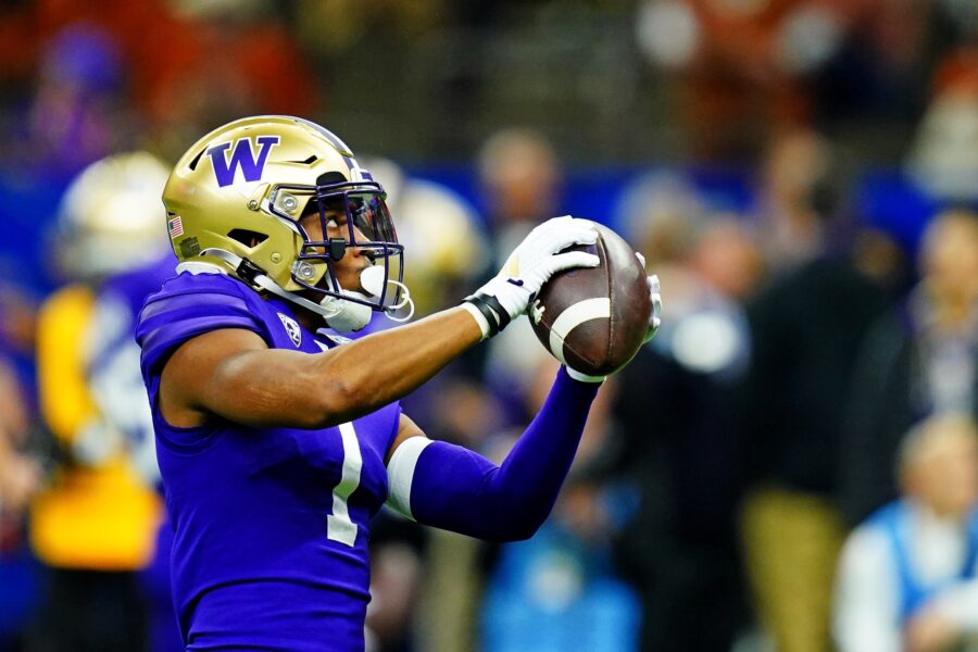 Jan 1, 2024; New Orleans, LA, USA; Washington Huskies wide receiver Rome Odunze (1) warms up before playing against the Texas Longhorns in the 2024 Sugar Bowl college football playoff semifinal game at Caesars Superdome. Mandatory Credit: John David Mercer-USA TODAY Sports (Green Bay Packers)