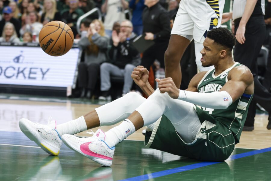Jan 1, 2024; Milwaukee, Wisconsin, USA; Milwaukee Bucks forward Giannis Antetokounmpo (34) reacts after scoring against the Indiana Pacers during the first half at Fiserv Forum. Mandatory Credit: Kamil Krzaczynski-USA TODAY Sports
