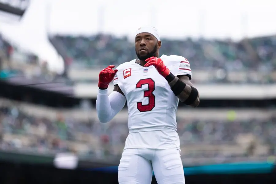 Dec 31, 2023; Philadelphia, Pennsylvania, USA; Arizona Cardinals safety Budda Baker (3) before action against the Philadelphia Eagles at Lincoln Financial Field. Mandatory Credit: Bill Streicher-USA TODAY Sports (Green Bay Packers)