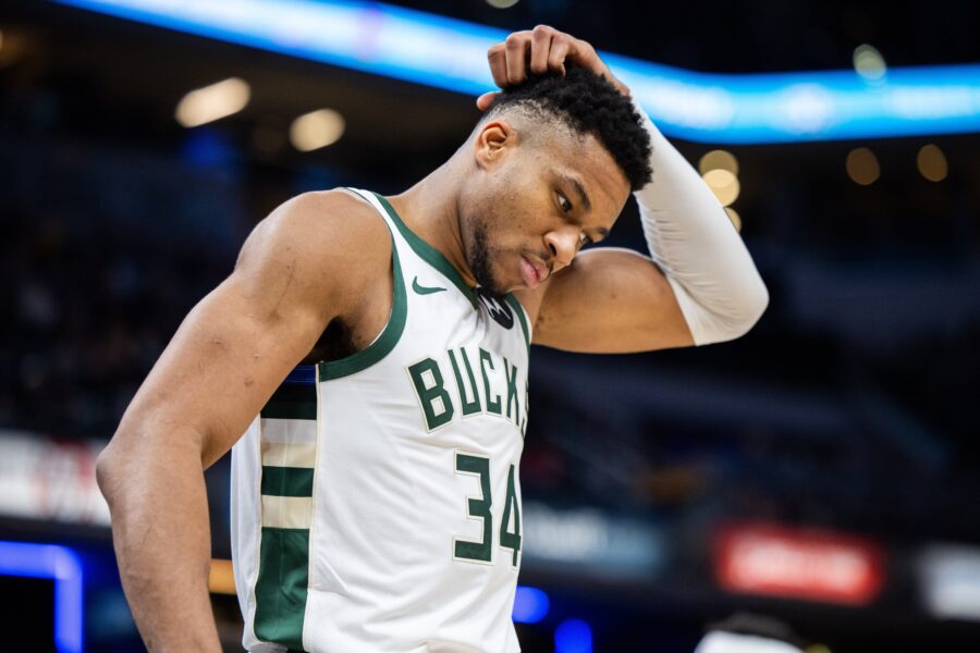 Jan 3, 2024; Indianapolis, Indiana, USA; Milwaukee Bucks forward Giannis Antetokounmpo (34) in the second quarter against the Indiana Pacers at Gainbridge Fieldhouse. Mandatory Credit: Trevor Ruszkowski-USA TODAY Sports