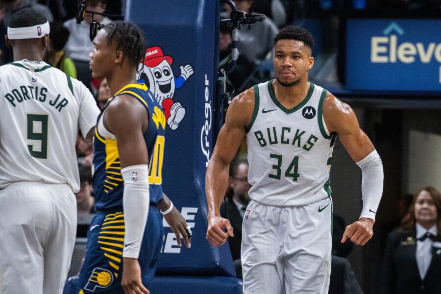 Jan 3, 2024; Indianapolis, Indiana, USA; Milwaukee Bucks forward Giannis Antetokounmpo (34) reacts to a basket in the second half against the Indiana Pacers at Gainbridge Fieldhouse. Mandatory Credit: Trevor Ruszkowski-USA TODAY Sports