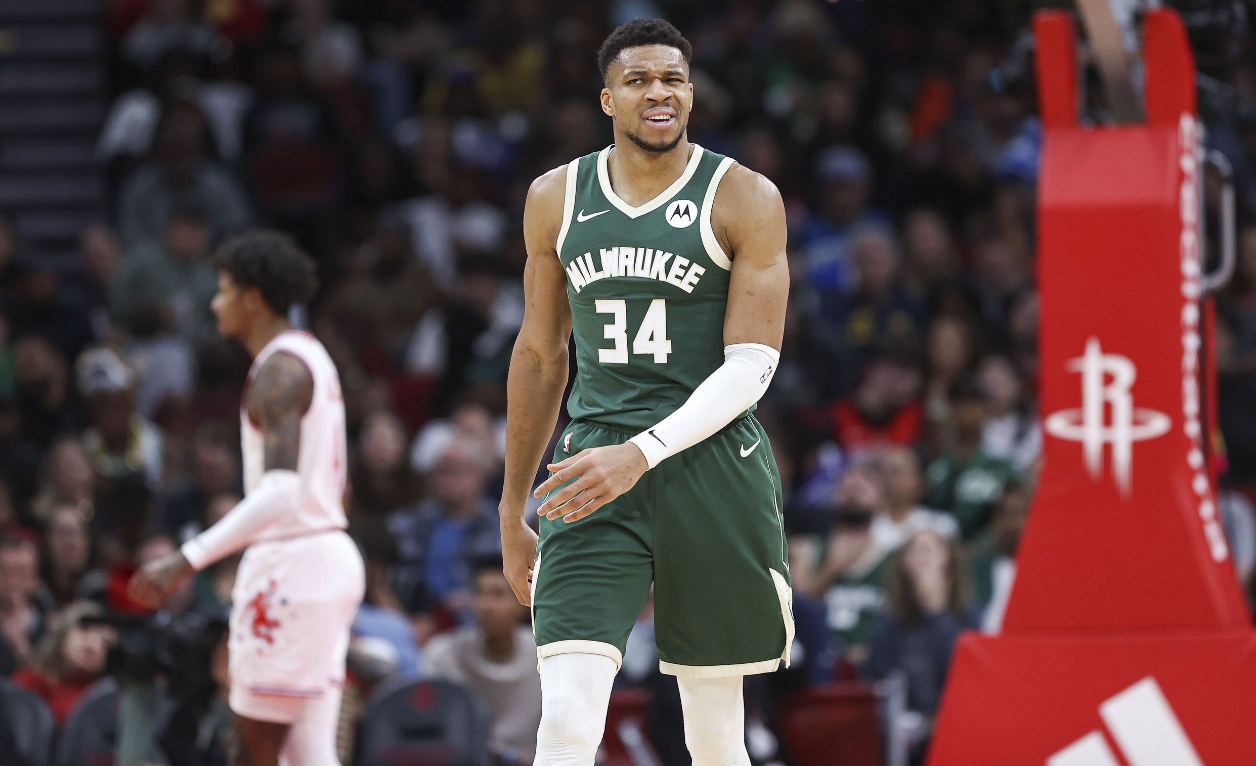 Jan 6, 2024; Houston, Texas, USA; Milwaukee Bucks forward Giannis Antetokounmpo (34) reacts after a play during the third quarter against the Houston Rockets at Toyota Center. Mandatory Credit: Troy Taormina-USA TODAY Sports