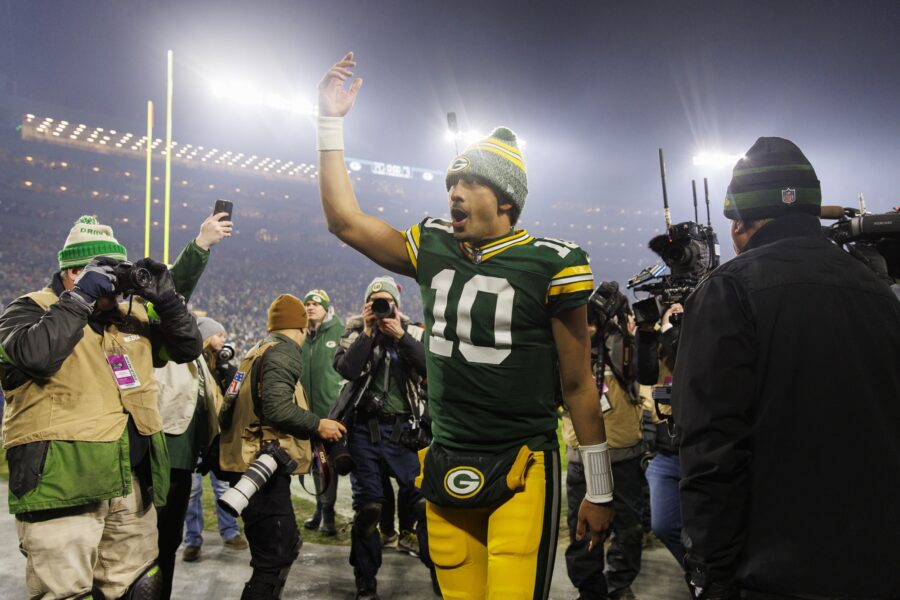 Jan 7, 2024; Green Bay, Wisconsin, USA; Green Bay Packers quarterback Jordan Love (10) celebrates before leaving the field following the game against the Chicago Bears at Lambeau Field. Mandatory Credit: Jeff Hanisch-USA TODAY Sports
