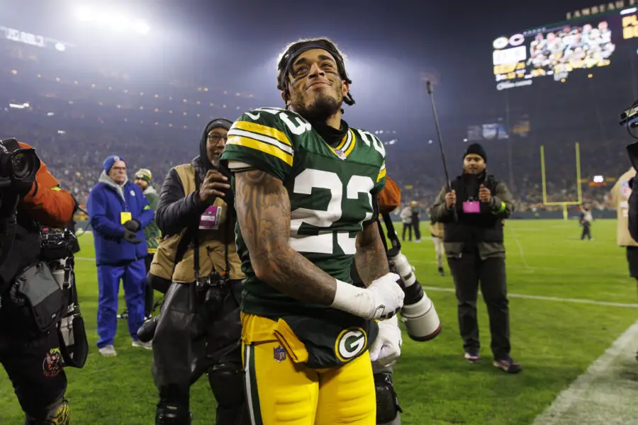 Jan 7, 2024; Green Bay, Wisconsin, USA; Green Bay Packers cornerback Jaire Alexander (23) celebrates following the game against the Chicago Bears at Lambeau Field. Mandatory Credit: Jeff Hanisch-USA TODAY Sports
