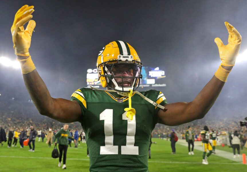Green Bay Packers wide receiver Jayden Reed (11) celebrates the Packers’ victory over the Chicago Bears during their football game Sunday, January 7, 2024, at Lambeau Field in Green Bay, Wis. The Packers defeated the Bears 17-9. Wm. Glasheen USA TODAY NETWORK-Wisconsin
