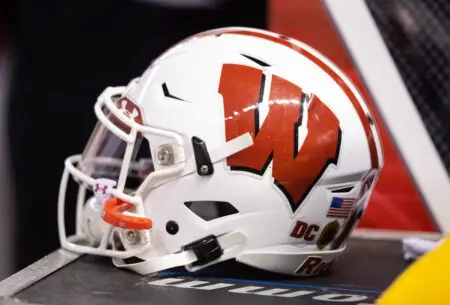 Dec 27, 2022; Phoenix, Arizona, USA; Detailed view of a Wisconsin Badgers helmet during the 2022 Guaranteed Rate Bowl at Chase Field. Mandatory Credit: Mark J. Rebilas-USA TODAY Sports