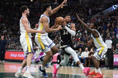Jan 13, 2024; Milwaukee, Wisconsin, USA; Milwaukee Bucks forward Giannis Antetokounmpo (34) drives to the basket against Golden State Warriors in the second half at Fiserv Forum. Mandatory Credit: Michael McLoone-USA TODAY Sports