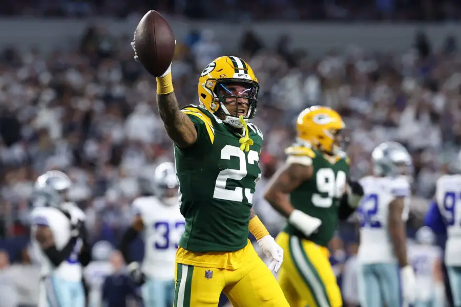 Jan 14, 2024; Arlington, Texas, USA; Green Bay Packers cornerback Jaire Alexander (23) reacts after an interception against the Dallas Cowboys in the first half of the 2024 NFC wild card game at AT&T Stadium. Mandatory Credit: Kevin Jairaj-USA TODAY Sports