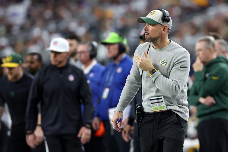 Jan 14, 2024; Arlington, Texas, USA; Green Bay head coach Matt LaFleur in the first half of the 2024 NFC wild card game against the Dallas Cowboys at AT&T Stadium. Mandatory Credit: Kevin Jairaj-USA TODAY Sports