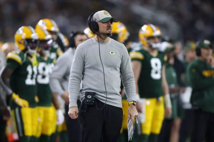 Jan 14, 2024; Arlington, Texas, USA; Green Bay head coach Matt LaFleur during the second half against the Dallas Cowboys for the 2024 NFC wild card game at AT&T Stadium. Mandatory Credit: Tim Heitman-USA TODAY Sports