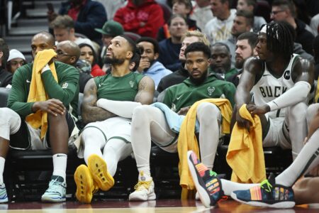 Jan 17, 2024; Cleveland, Ohio, USA; The Milwaukee Bucks bench looks on during the second half against the Cleveland Cavaliers at Rocket Mortgage FieldHouse. Mandatory Credit: Ken Blaze-USA TODAY Sports