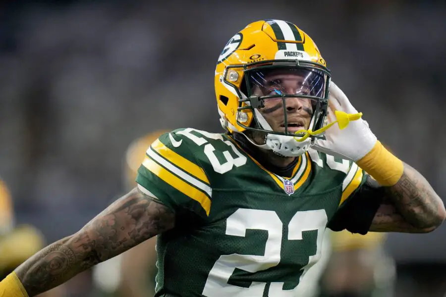 Green Bay Packers cornerback Jaire Alexander (23) reacts after intercepting a pass during the first quarter of the wild card playoff game against the Dallas Cowboys Sunday, January 14, 2024 at AT&T Stadium in Arlington, Texas.