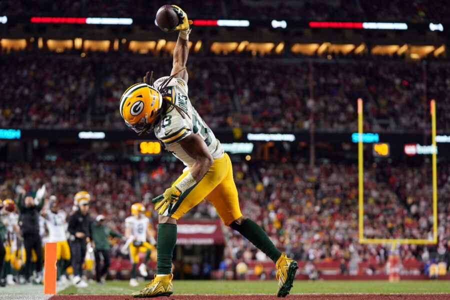 January 20, 2024; Santa Clara, CA, USA; Green Bay Packers running back Aaron Jones (33) celebrates after a two point conversion against the San Francisco 49ers during the third quarter in a 2024 NFC divisional round game at Levi's Stadium. Mandatory Credit: Kyle Terada-USA TODAY Sports