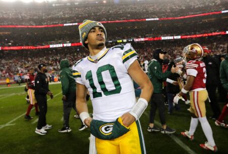 Green Bay Packers quarterback Jordan Love (10) leaves the field after losing to the San Francisco 49ers during their NFC divisional playoff football game Saturday, January 20, 2024, at Levi's Stadium in Santa Clara, California.