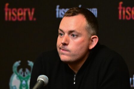 Jan 24, 2024; Milwaukee, Wisconsin, USA; Milwaukee Bucks general manager Jon Horst address the media after head coach Adrian Griffin (not pictured) was dismissed at Fiserv Forum. Mandatory Credit: Benny Sieu-USA TODAY Sports (Detroit Pistons)
