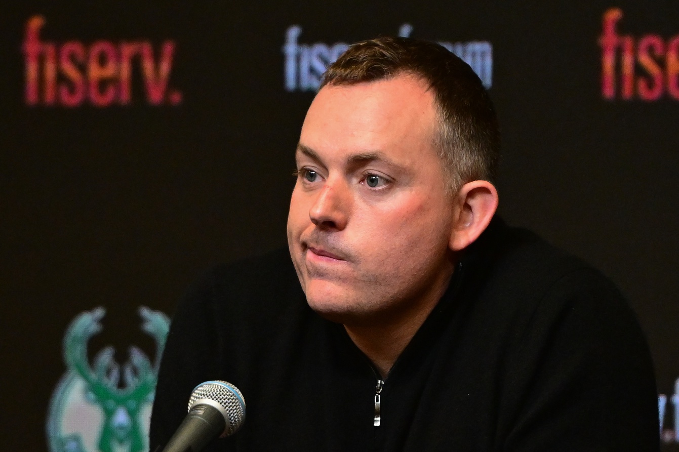 Jan 24, 2024; Milwaukee, Wisconsin, USA; Milwaukee Bucks general manager Jon Horst address the media after head coach Adrian Griffin (not pictured) was dismissed at Fiserv Forum. Mandatory Credit: Benny Sieu-USA TODAY Sports