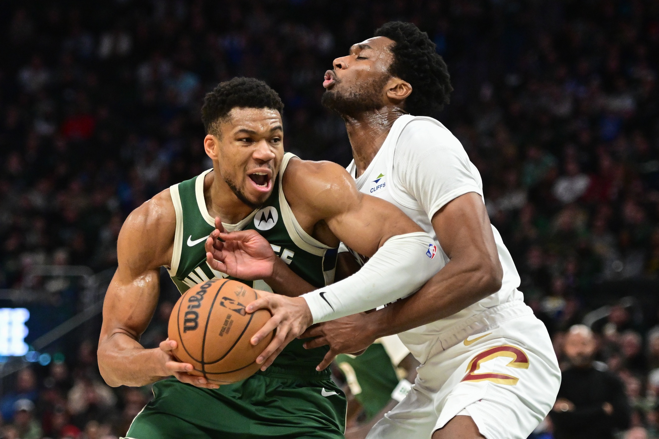 Jan 24, 2024; Milwaukee, Wisconsin, USA; Milwaukee Bucks forward Giannis Antetokounmpo (34) drives for the basket against Cleveland Cavaliers center Damian Jones (30) in the second quarter at Fiserv Forum. Mandatory Credit: Benny Sieu-USA TODAY Sports