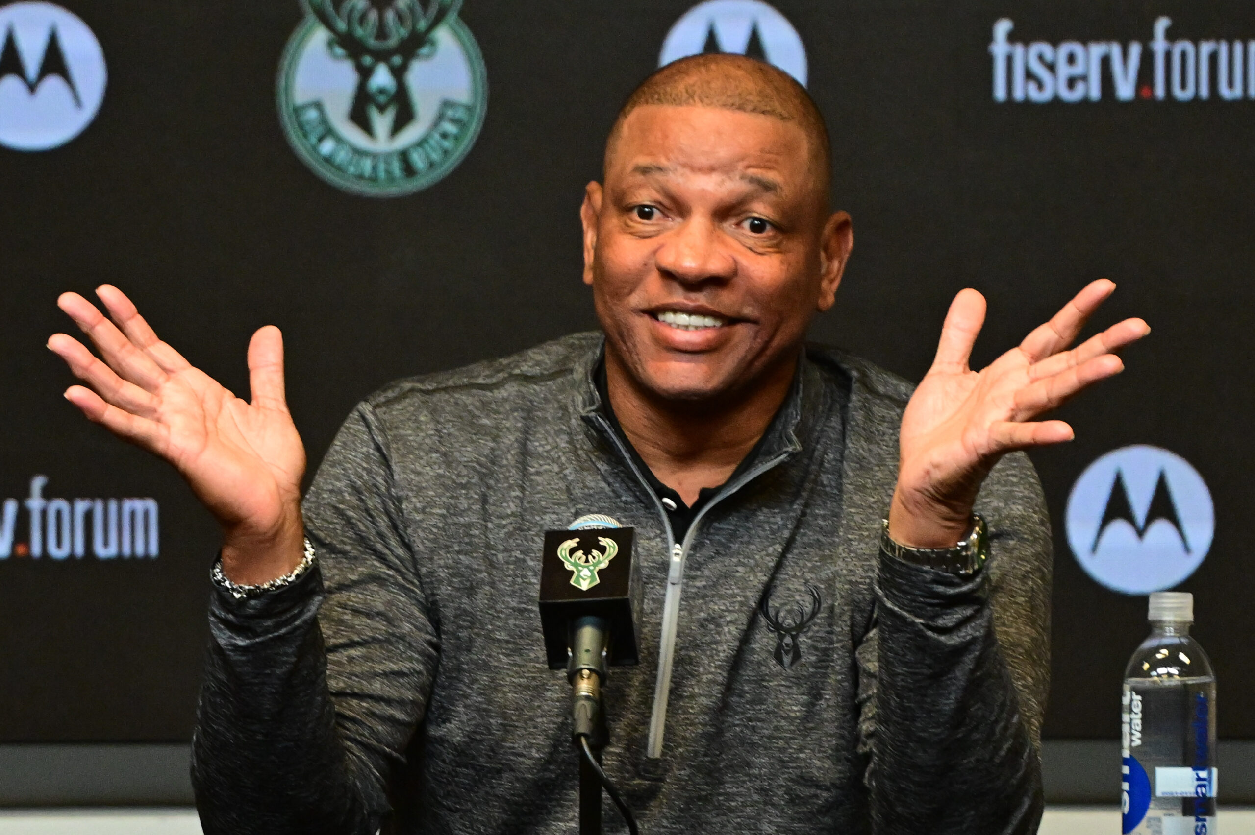 Jan 27, 2024; Milwaukee, WI, USA; Doc Rivers speaks at a press conference where he was introduce as the new head coach of the Milwaukee Bucks at the Fiserv Forum. Mandatory Credit: Benny Sieu-USA TODAY Sports