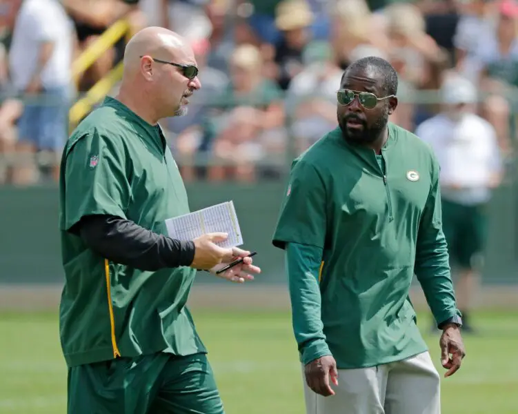 Green Bay Packers defensive coordinator Mike Pettine talks to defense pass game coordinator Joe Whitt Jr during training camp practice at Ray Nitschke Field on Friday, August 3, 2018 in Ashwaubenon, Wis. Adam Wesley/USA TODAY NETWORK-Wisconsin