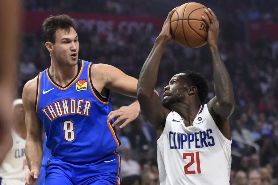 Nov 18, 2019; Los Angeles, CA, USA; Los Angeles Clippers guard Patrick Beverley (21) moves the ball while Oklahoma City Thunder forward Danilo Gallinari (8) defends during the first quarter at Staples Center. Mandatory Credit: Kelvin Kuo-USA TODAY Sports