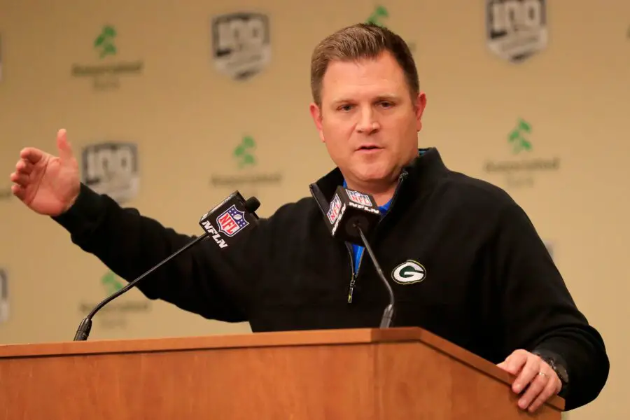 Green Bay Packers general manager Brian Gutekunst speaks March 14, 2019, at a press conference at Lambeau Field in Green Bay. © USA TODAY NETWORK-Wisconsin via Imagn Content Services, LLC