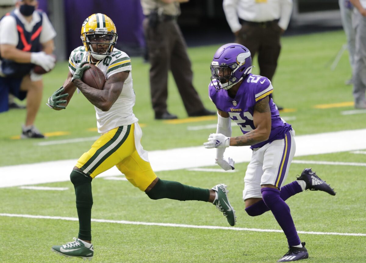 Green Bay Packers wide receiver Marquez Valdes-Scantling (83) pulls down a long touchdown reception against Minnesota Vikings cornerback Mike Hughes (21) in the third quarter during their football game Sunday, September 13, 2020, at U.S. Bank Stadium in Minneapolis, Minn. Green Bay won 43-34. © Dan Powers/USA TODAY NETWORK-Wis via Imagn Content Services, LLC