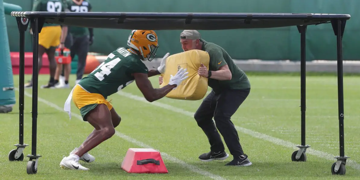 May 25, 2020; Green Bay, WI, USA; Green Bay Packers inside linebackers coach Kirk Olivadotti works with linebacker Kamal Martin (54) during the second day of organized team activities. Mandatory Credit: Mark Hoffman/Milwaukee Journal Sentinel-USA TODAY NETWORK