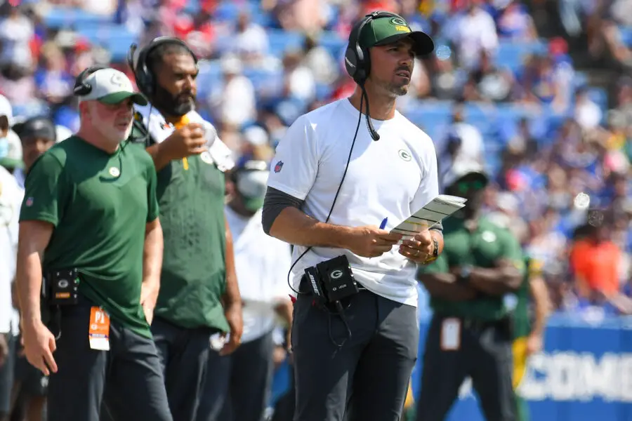 Aug 28, 2021; Orchard Park, New York, USA; Green Bay Packers head coach Matt LaFleur looks on against the Buffalo Bills during the second quarter at Highmark Stadium. Mandatory Credit: Rich Barnes-USA TODAY Sports