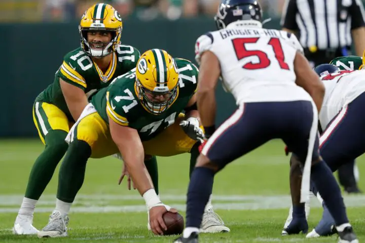 Green Bay Packers quarterback Jordan Love (10) takes a snap from center Josh Myers (71) against the Houston Texans during their football game Saturday, August 14, 2021, at Lambeau Field in Green Bay, Wis. © Dan Powers/USA TODAY NETWORK-Wisconsin via Imagn Content Services, LLC