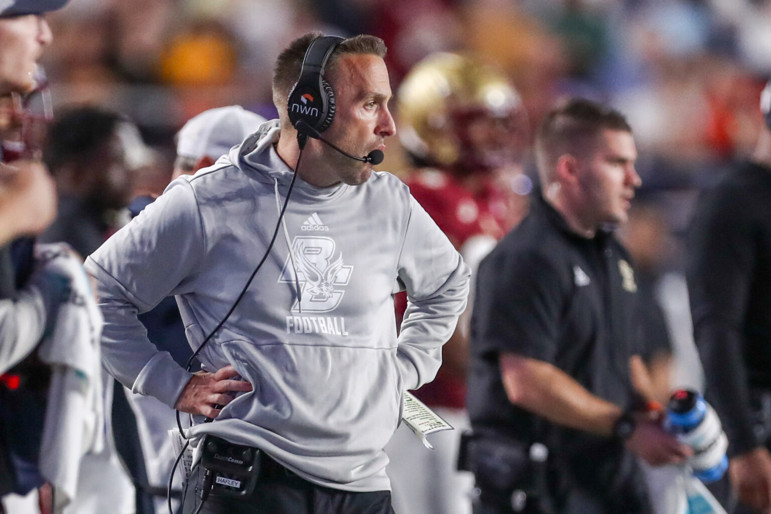 Oct 16, 2021; Chestnut Hill, Massachusetts, USA; Boston College Eagles head coach Jeff Hafley reacts during the first half against the North Carolina State Wolfpack at Alumni Stadium. Mandatory Credit: Paul Rutherford-USA TODAY Sports